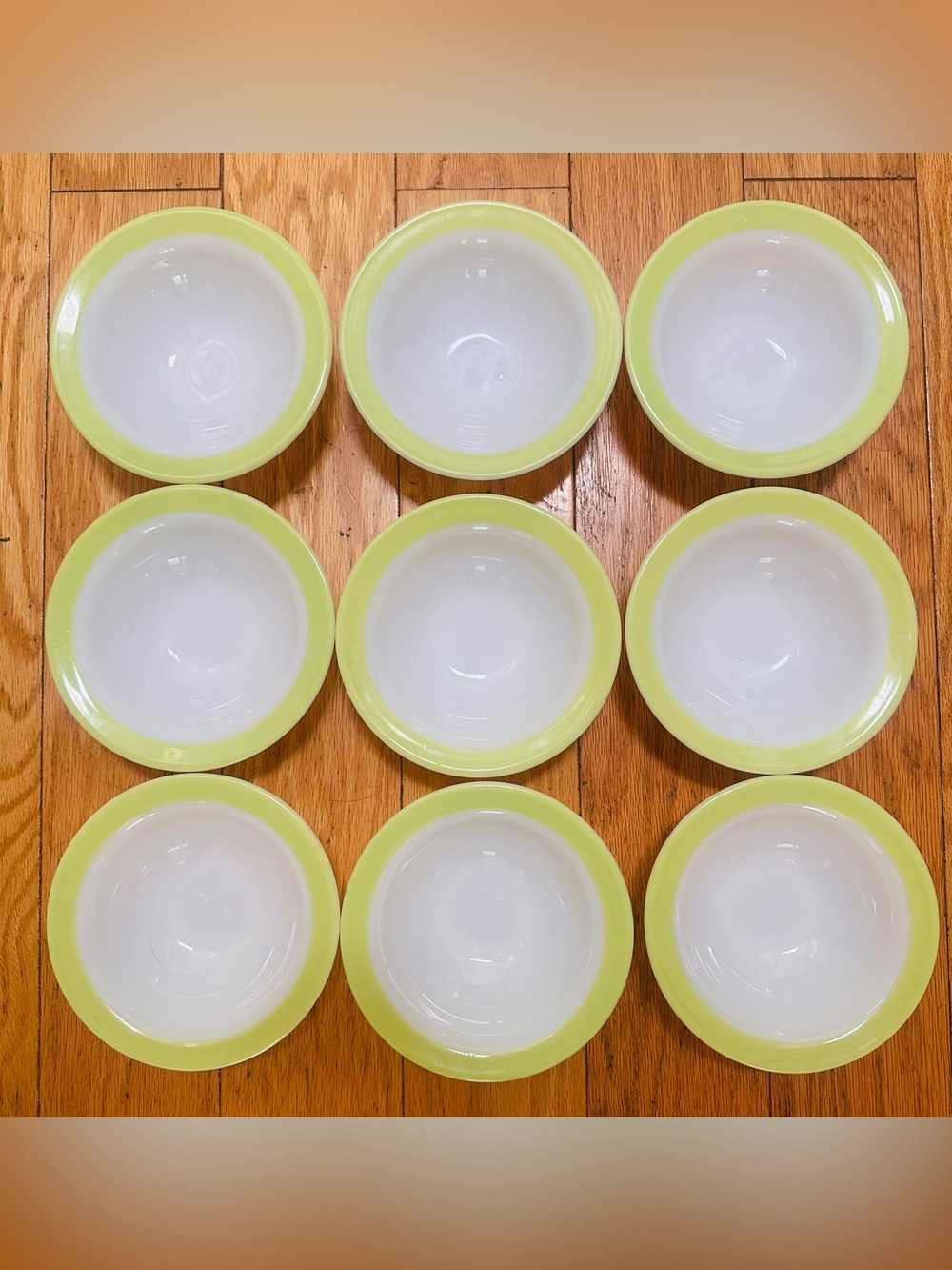 Lime Green vintage Milk Glass Pyrex Cereal Bowls - Set of 9 pre loved
